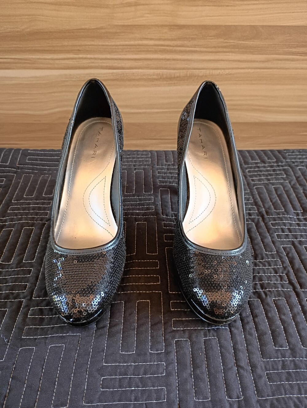Tahari Black Sequin Round-Toe Heels